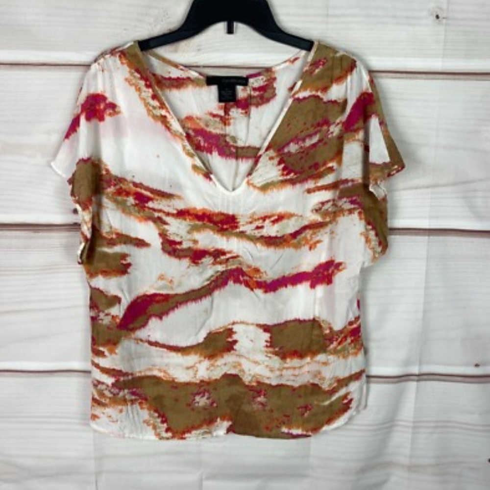 Calvin Klein Vibrant Abstract V-Neck Blouse size Medium EUC